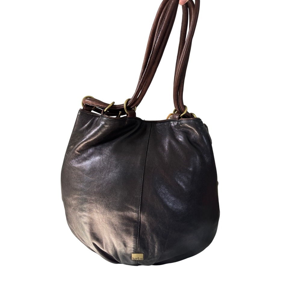 Kooba Dark Brown Black Leather Slouchy Hobo Bag Brass Ring Shoulder Handbag